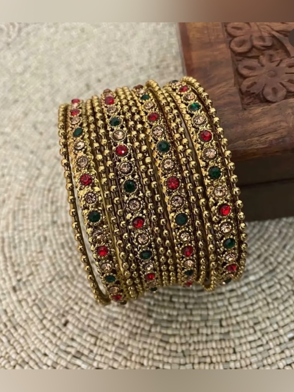 Gold-Tone Stackable Crystal Bangles with Red & Green Stones - Women Jewelry